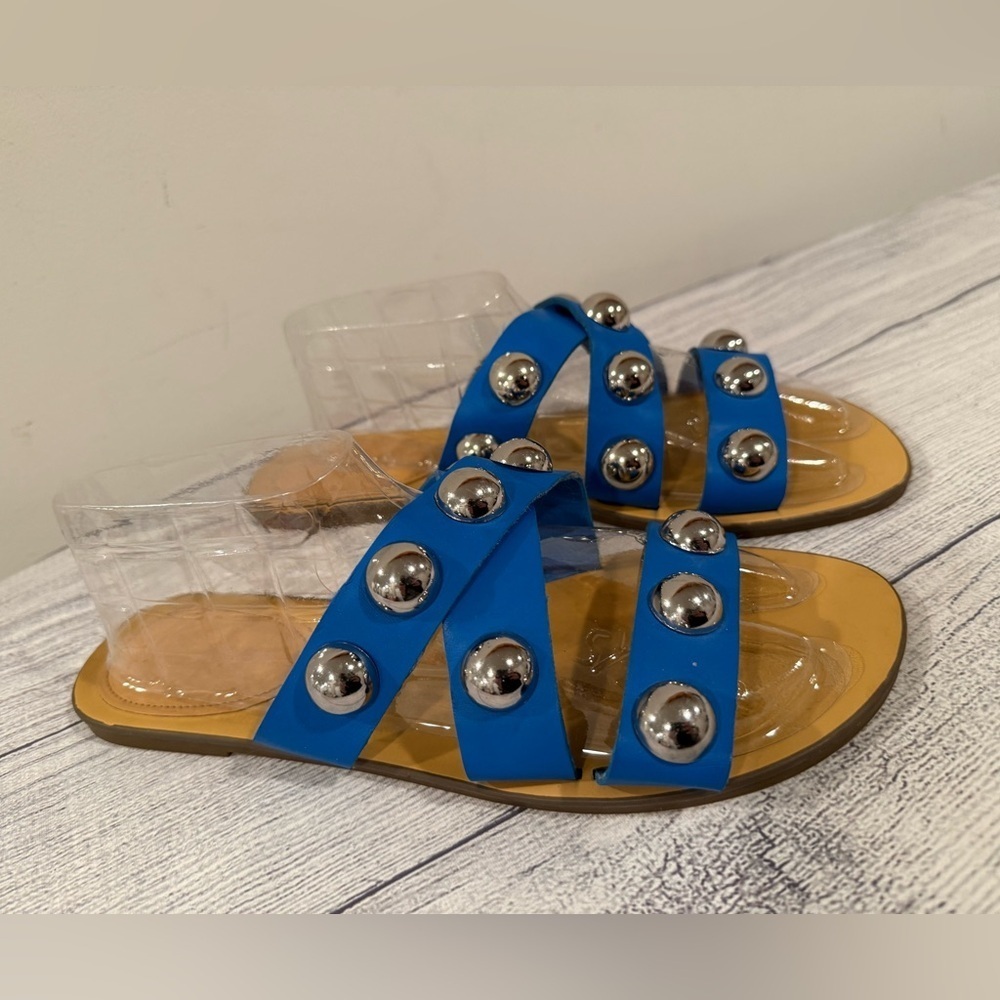 Marc Fisher Blue Studded Slide Sandals Size 8.5 Statement Stud Flats - Picture 8 of 14